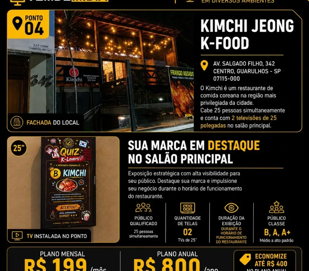 Ponto de mídia Kimchi Jeong K-Food da rede VEMDEMIDIA